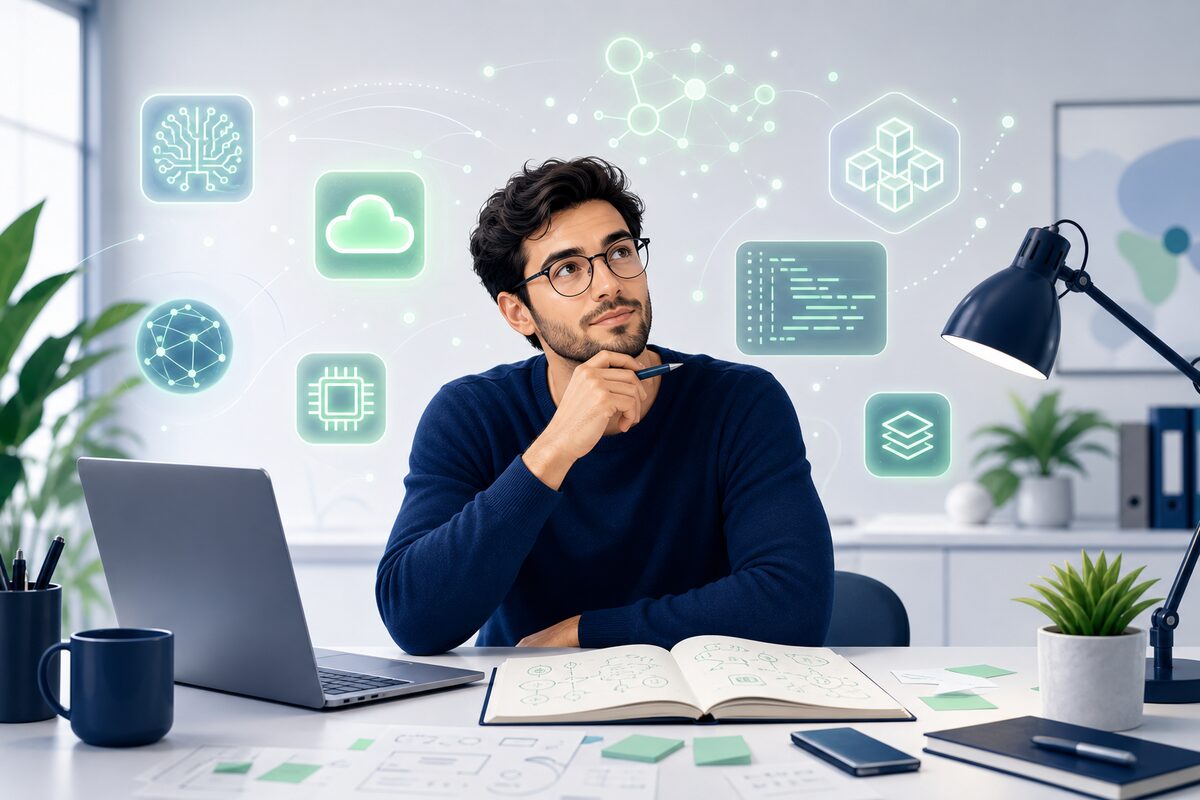 A person thinking about tech company names with digital icons around a laptop